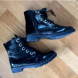 Black patent ribbon  lace up biker boots
